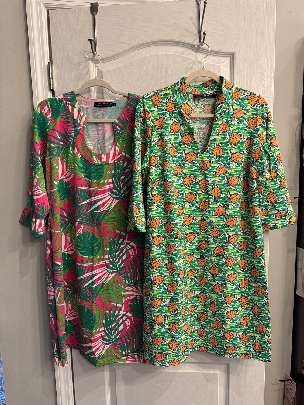 2 Katherine Way Dresses- Green & Pink Tropical & Green and Orange Turtle